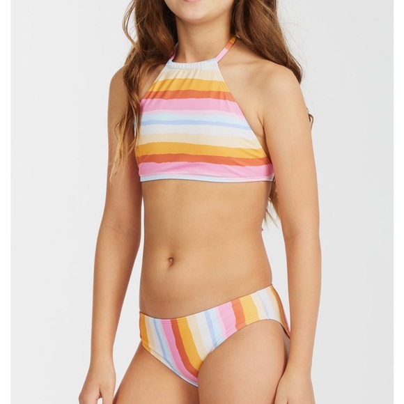 Billabong Bikini Striped Rising Sun High-Neck Bikini Girls 8 - Picture 1 of 5